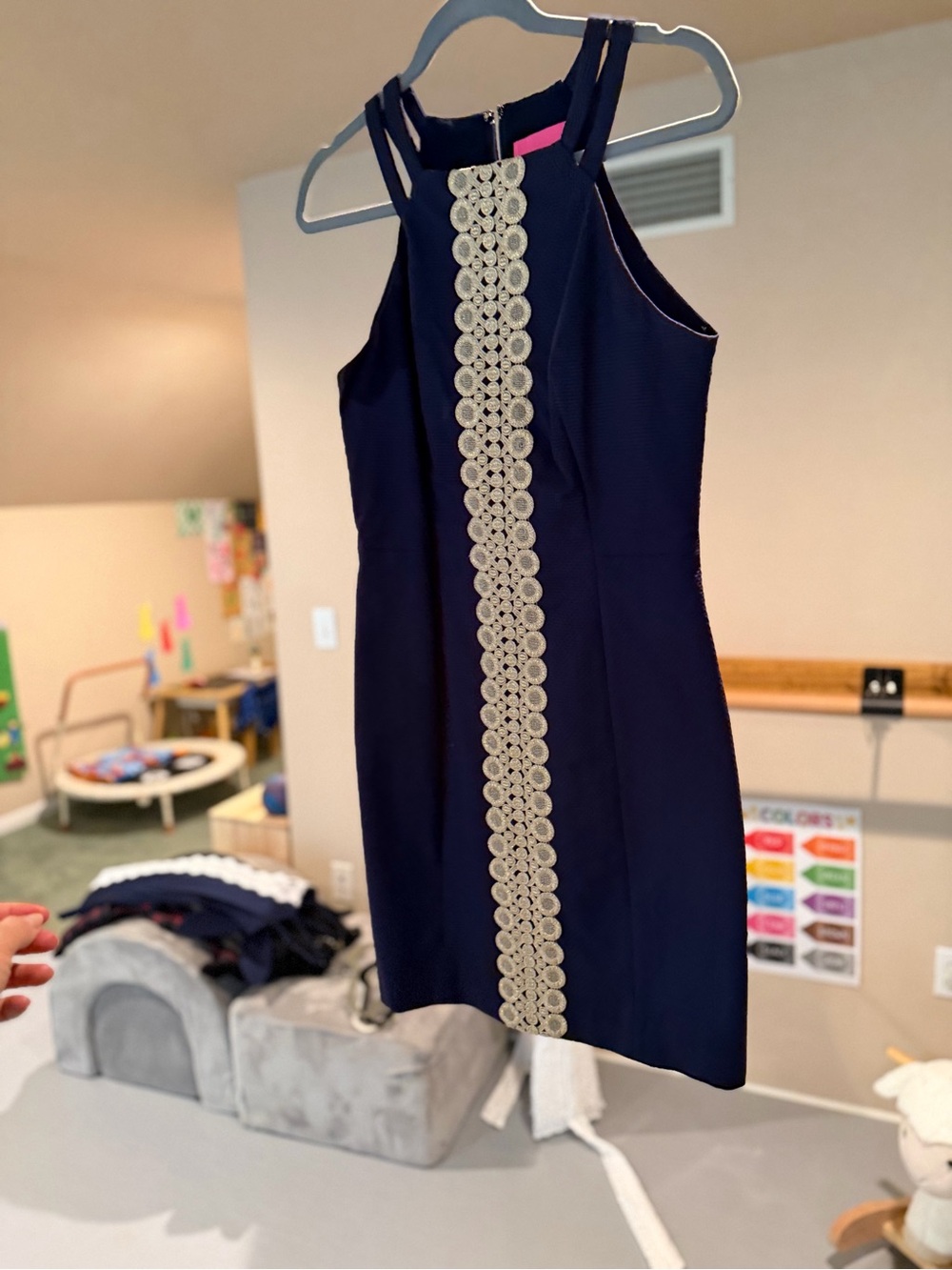 Lilly Pulitzer Navy Halter Dress with Cream Lace Trim